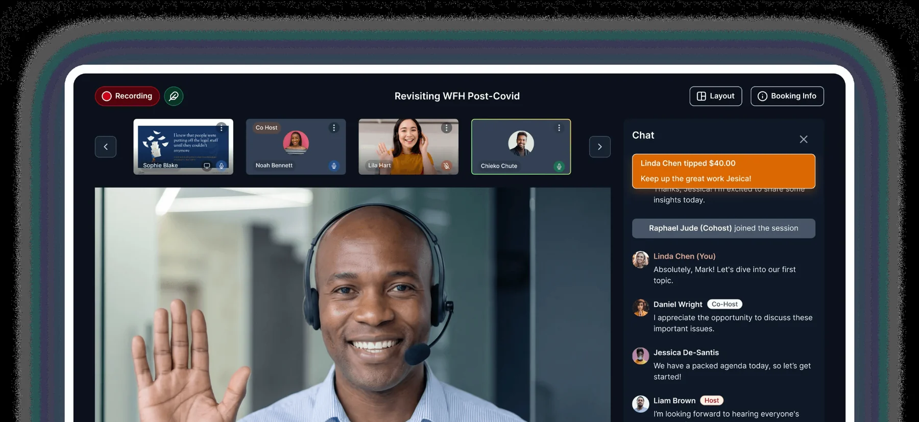Accomplishr Fireside Chat with host, participants and live member chat